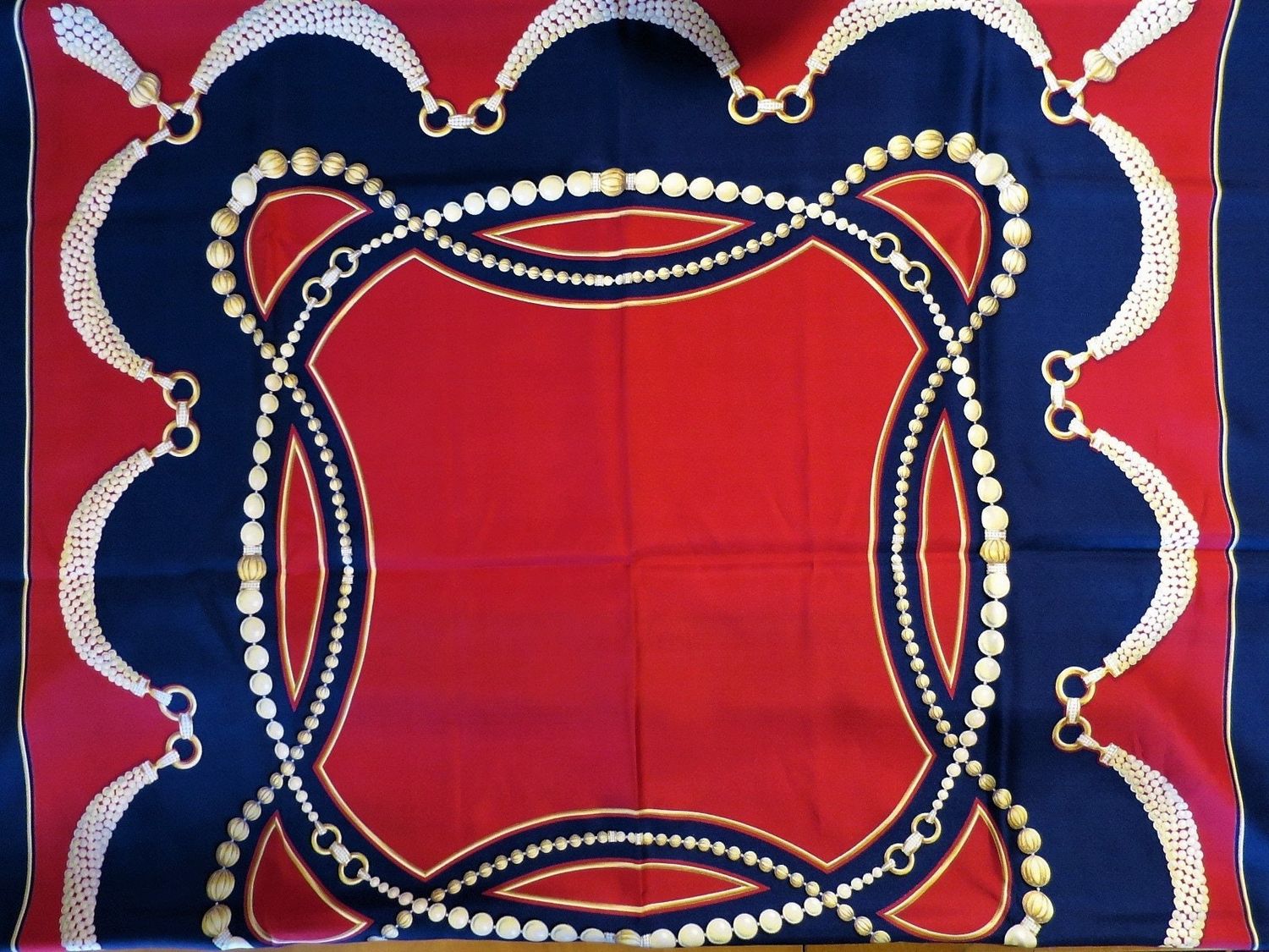 Vintage Cartier Scarf Large Square Size French Silk Twill with Red and Navy Pearls motif