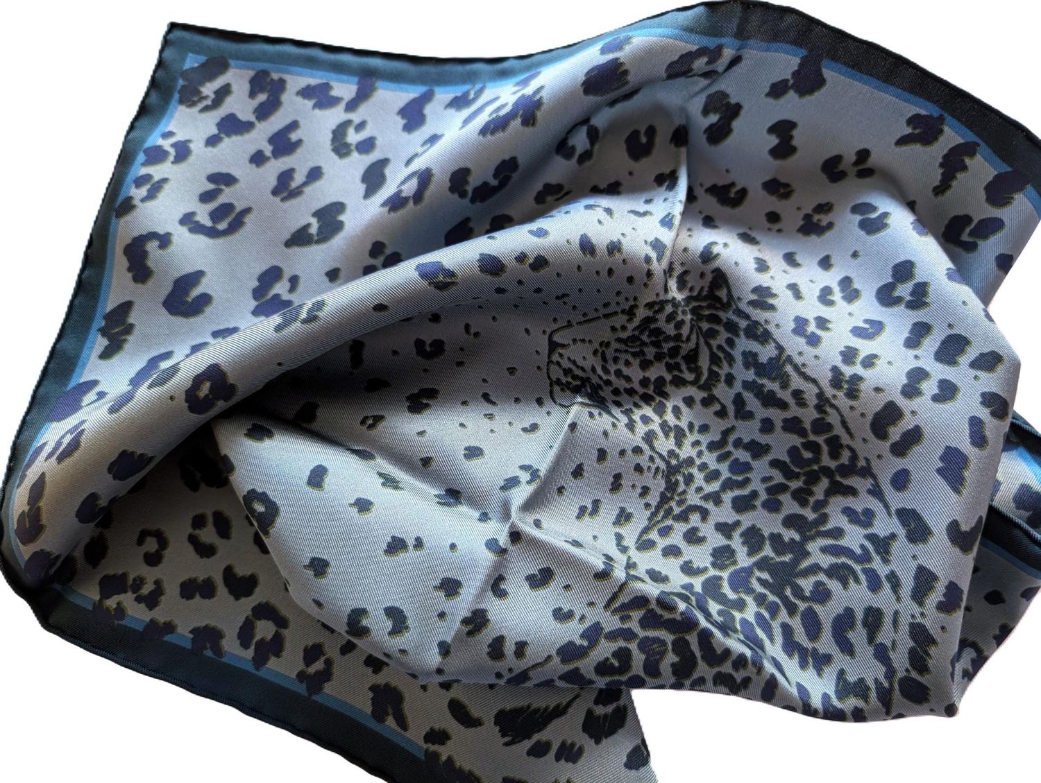 Cartier Silk Pocket Square or Small Scarf in Blue Grey Panther Leopard motif Made in Italy