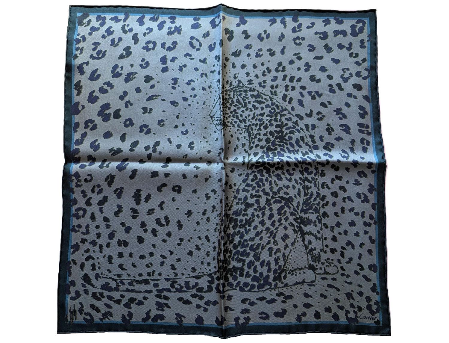 Cartier Silk Pocket Square or Small Scarf in Blue Grey Panther Leopard motif Made in Italy