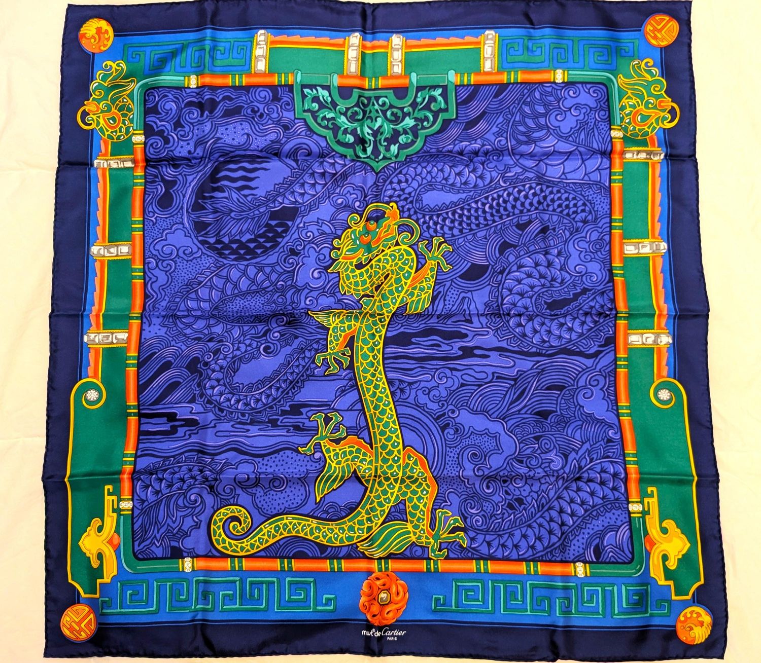 Cartier Paris Scarf Blue Couture French Silk Twill Le Baiser du Dragon motif with Box + Certificate