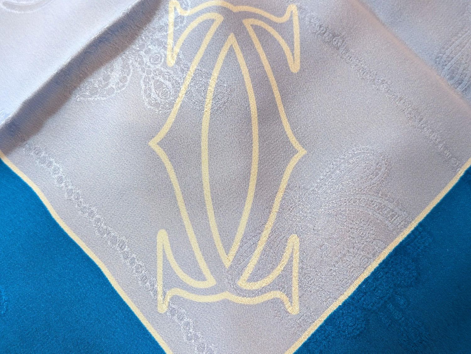 Vintage Cartier Scarf Large Square Size Italian Silk Brocade in Silver Blue and Teal
