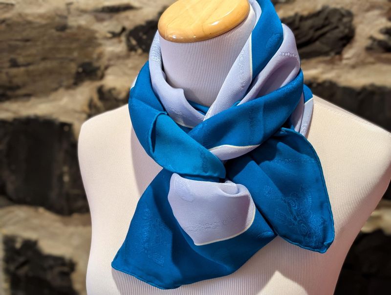 Vintage Cartier Scarf Large Square Size Italian Silk Brocade in Silver Blue and Teal