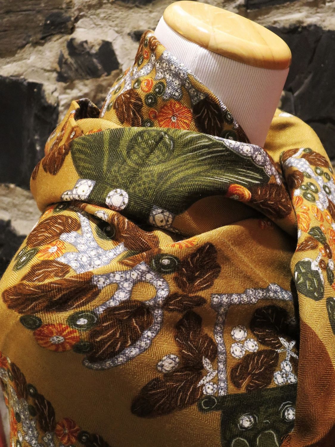 Vintage Cartier Silk + Wool Shawl Camel color with rosewood and deep green motif Made in France with Original Box