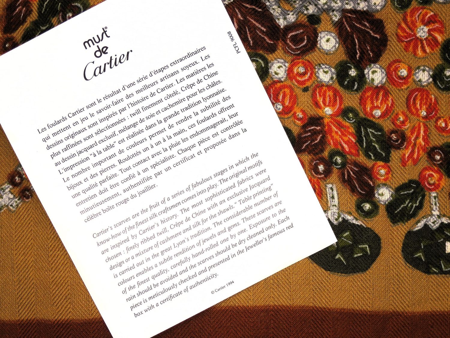 Vintage Cartier Silk + Wool Shawl Camel color with rosewood and deep green motif Made in France with Original Box