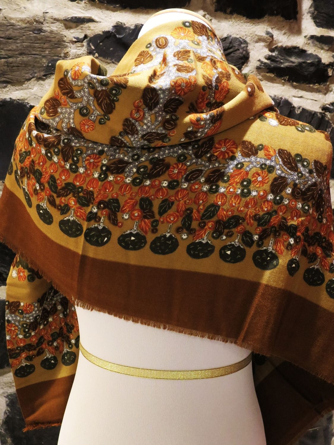 Vintage Cartier Silk + Wool Shawl Camel color with rosewood and deep green motif Made in France with Original Box