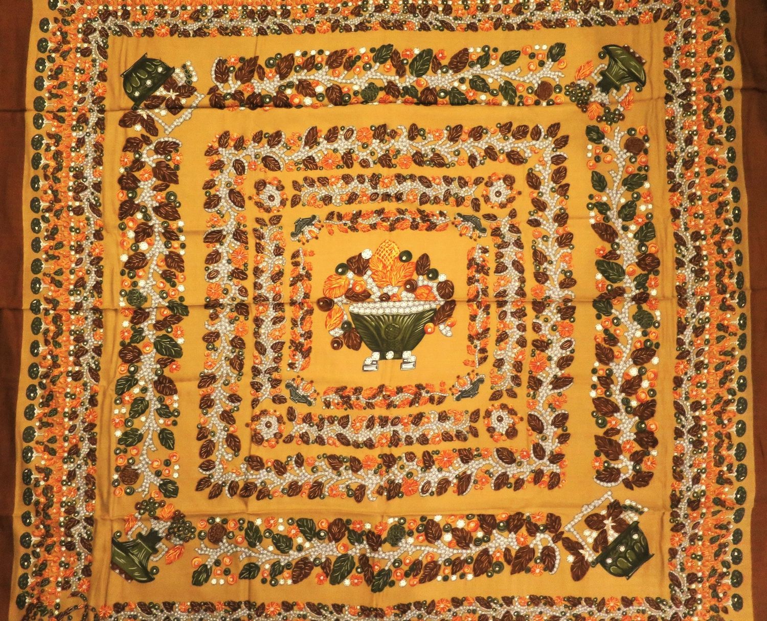 Vintage Cartier Silk + Wool Shawl Camel color with rosewood and deep green motif Made in France with Original Box