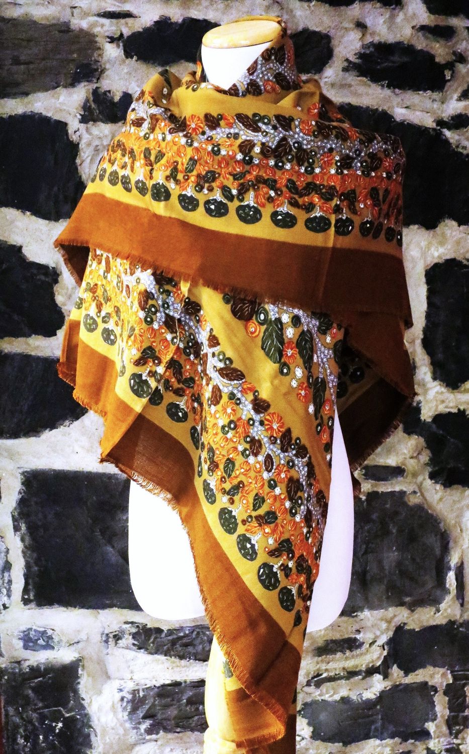 Vintage Cartier Silk + Wool Shawl Camel color with rosewood and deep green motif Made in France with Original Box