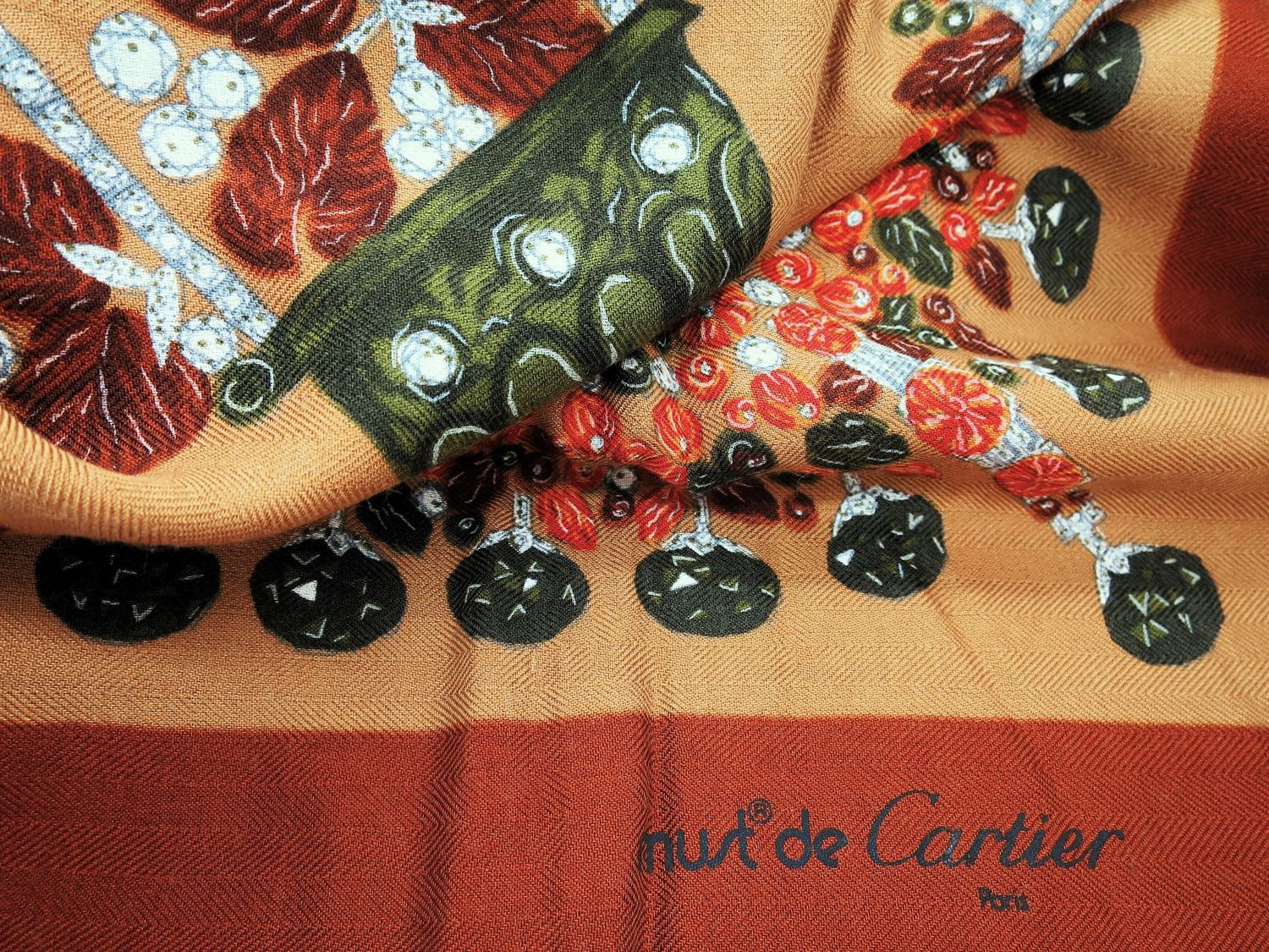 Vintage Cartier Silk + Wool Shawl Camel color with rosewood and deep green motif Made in France with Original Box