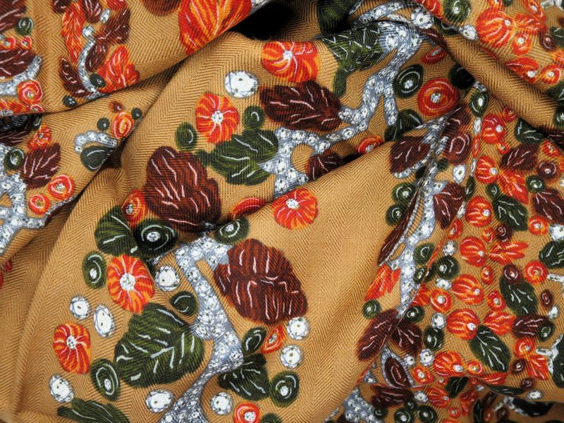 Vintage Cartier Silk + Wool Shawl Camel color with rosewood and deep green motif Made in France with Original Box