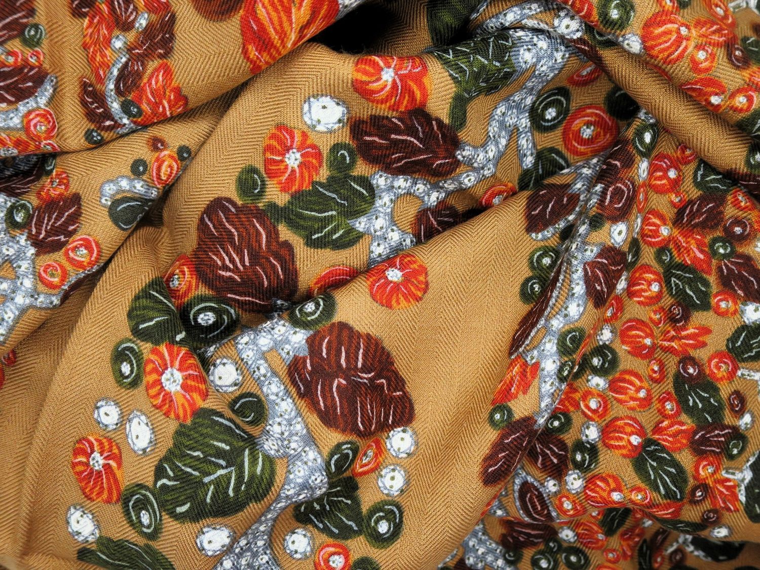 Vintage Cartier Silk + Wool Shawl Camel color with rosewood and deep green motif Made in France with Original Box