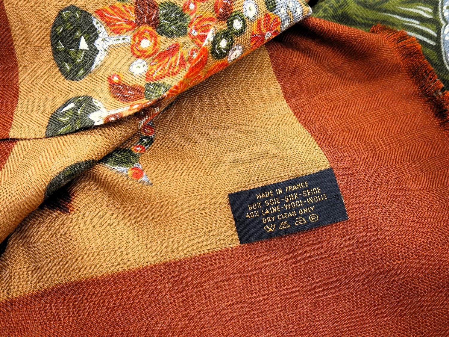 Vintage Cartier Silk + Wool Shawl Camel color with rosewood and deep green motif Made in France with Original Box