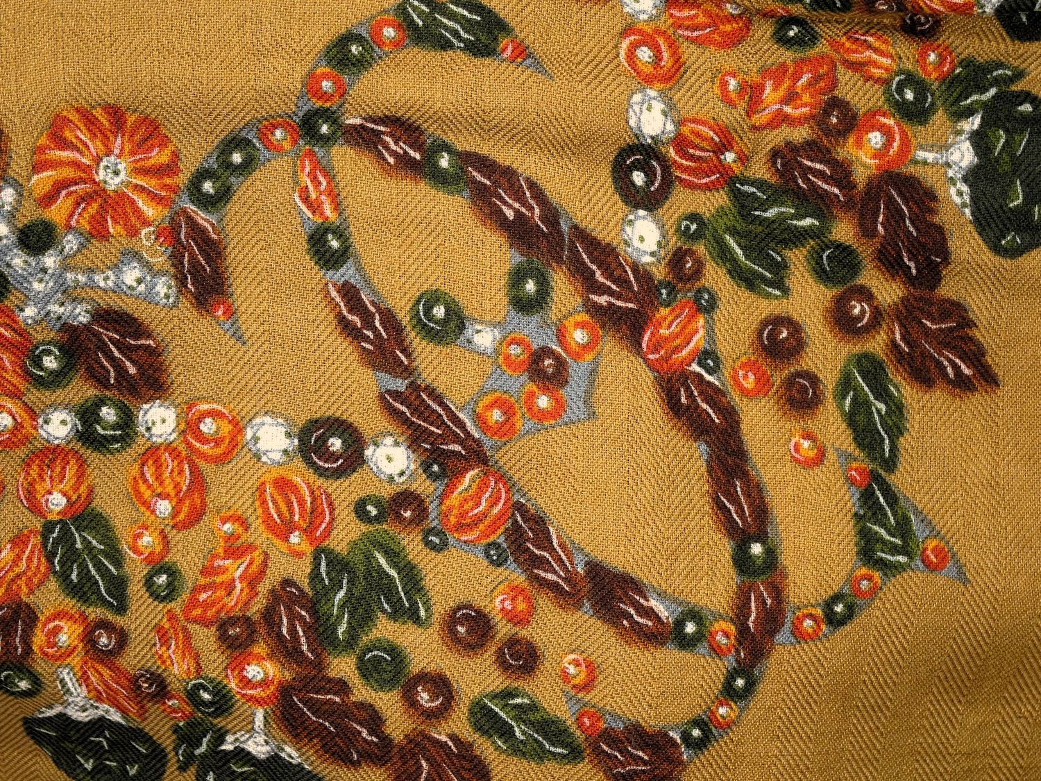 Vintage Cartier Silk + Wool Shawl Camel color with rosewood and deep green motif Made in France with Original Box