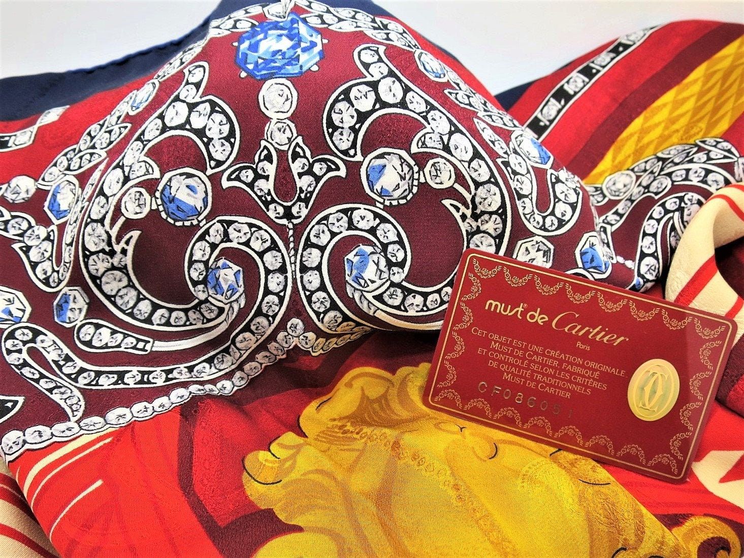 Vintage Cartier Scarf Large Italian Silk Brocade Original Box + Certificate