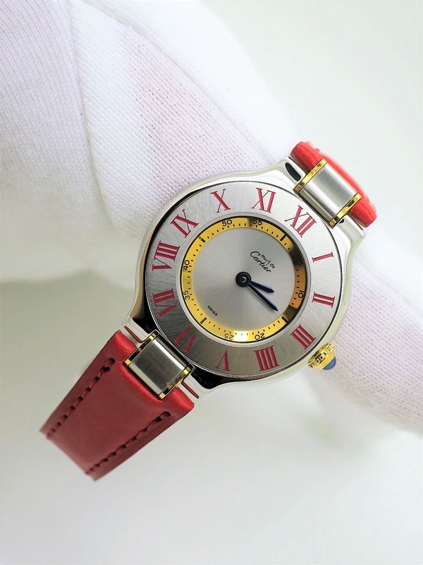 Vintage Cartier Must 21 Watch, Red Roman Numerals, 18kt Gold Detail, Quartz Movement, Special Edition