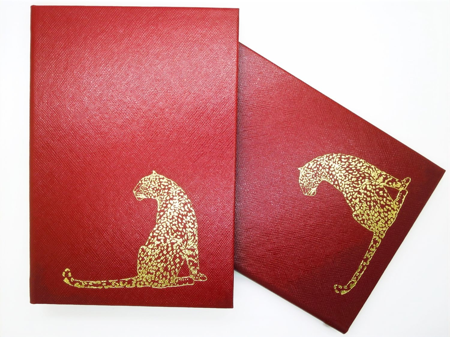Set of 2 Cartier Hardcover Journals / Diaries Red with Gold Panther decor comes with Certificate and Red Presentation Box