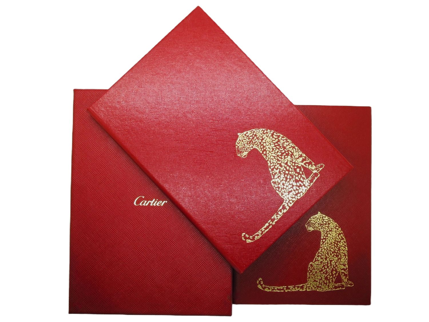 Set of 2 Cartier Hardcover Journals / Diaries Red with Gold Panther decor comes with Certificate and Red Presentation Box