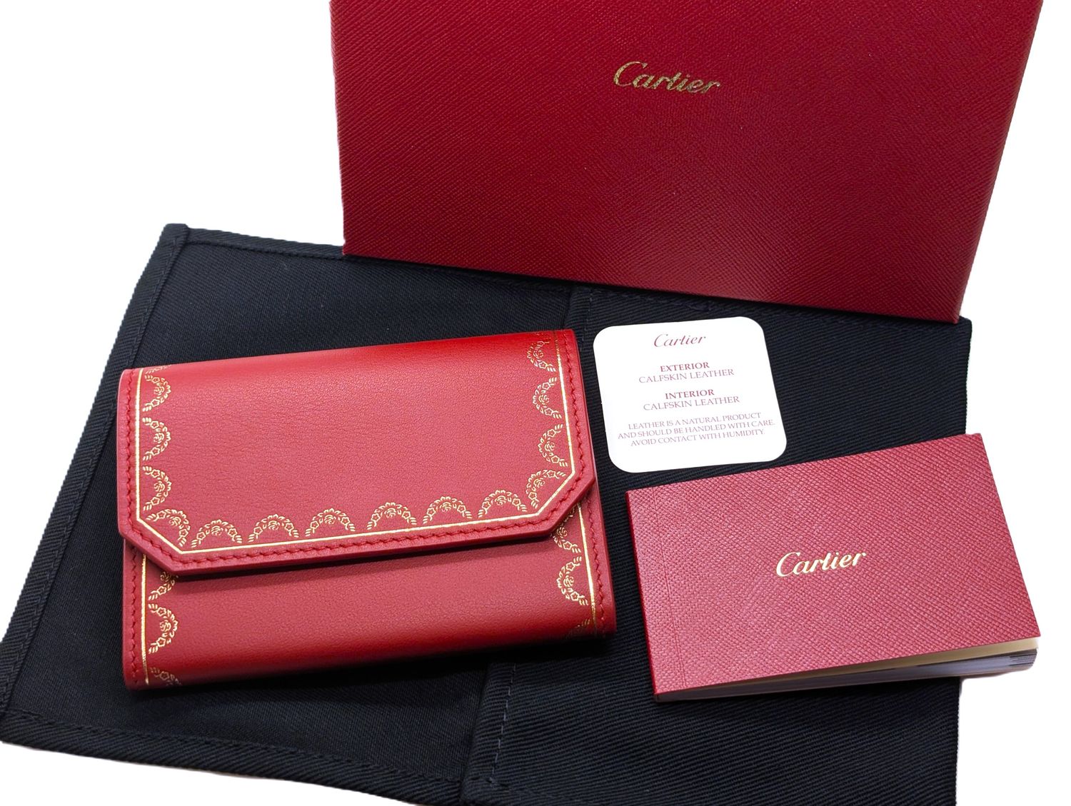 Cartier Wallet Small Garland Series in Red and Gold with Cartier Certificate, Booklet + Box