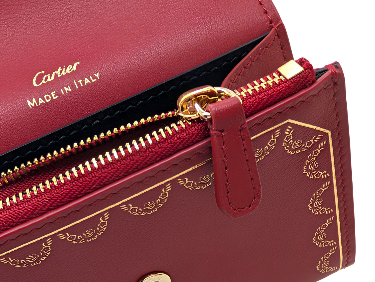 Cartier Wallet Small Garland Series in Red and Gold with Cartier Certificate, Booklet + Box