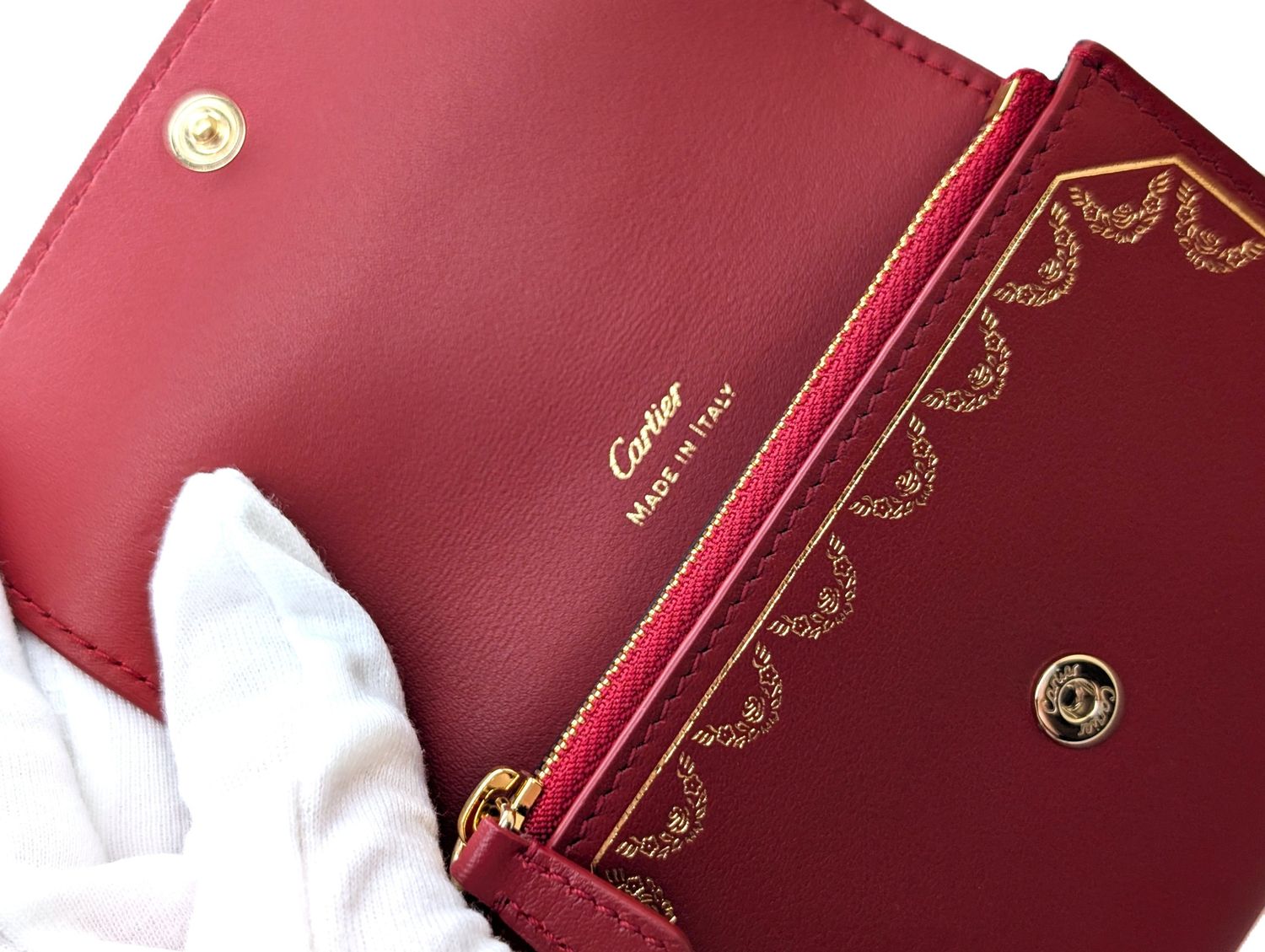 Cartier Wallet Small Garland Series in Red and Gold with Cartier Certificate, Booklet + Box