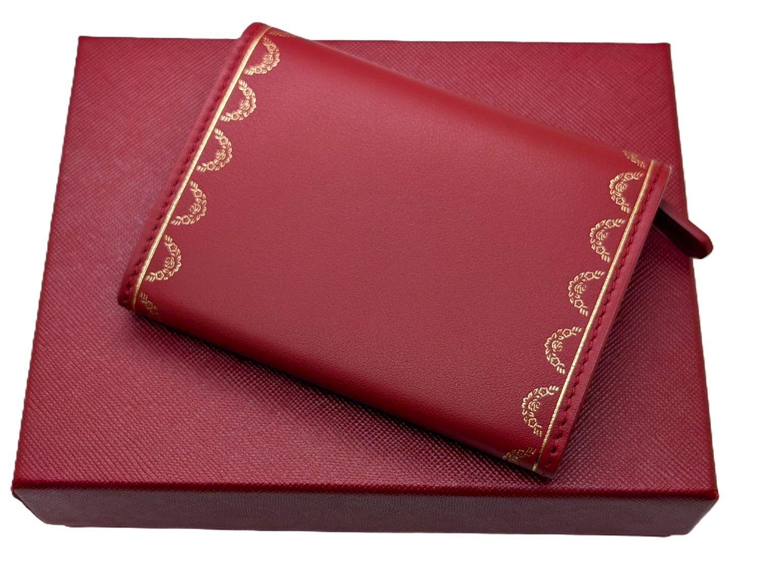 Cartier Wallet Small Garland Series in Red and Gold with Cartier Certificate, Booklet + Box