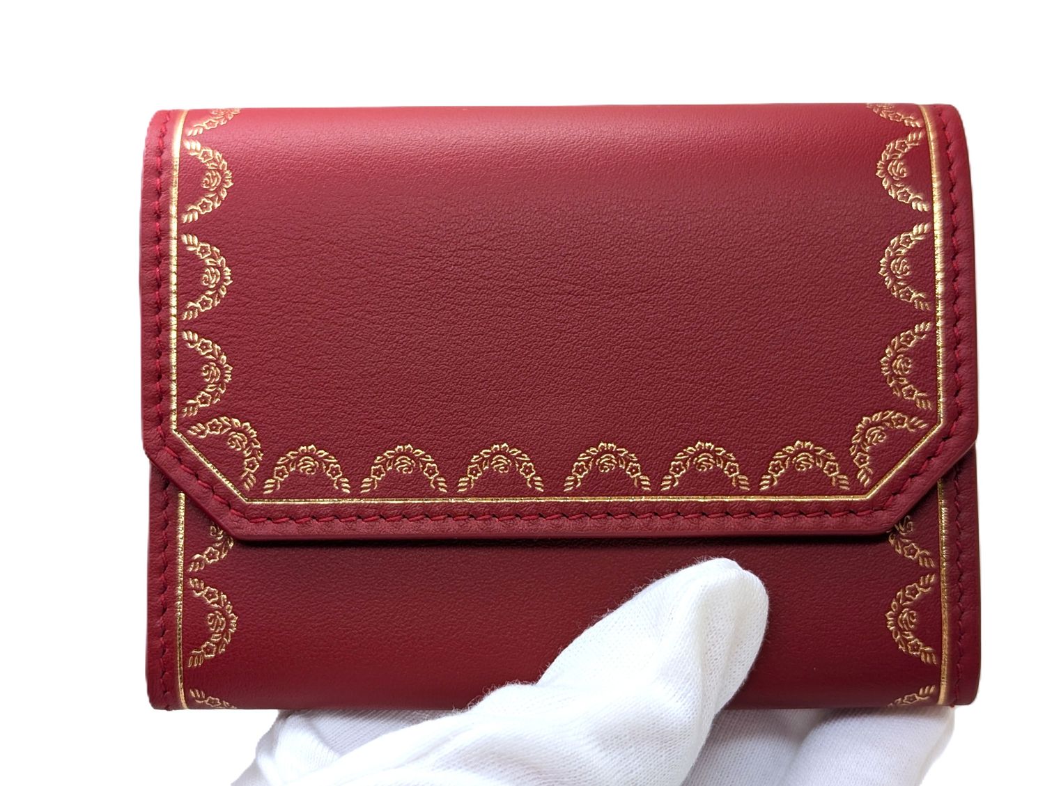 Cartier Wallet Small Garland Series in Red and Gold with Cartier Certificate, Booklet + Box