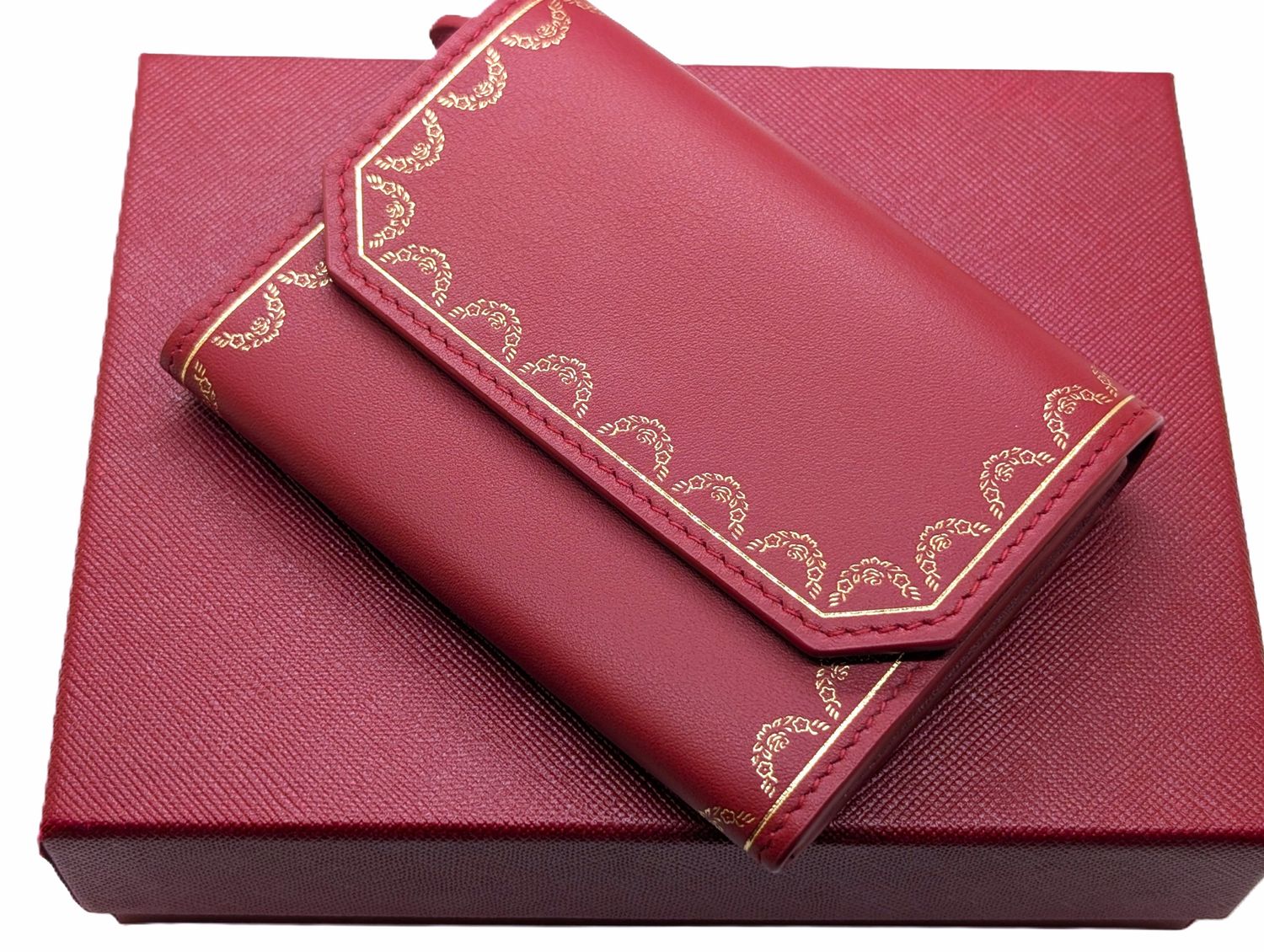 Cartier Wallet Small Garland Series in Red and Gold with Cartier Certificate, Booklet + Box