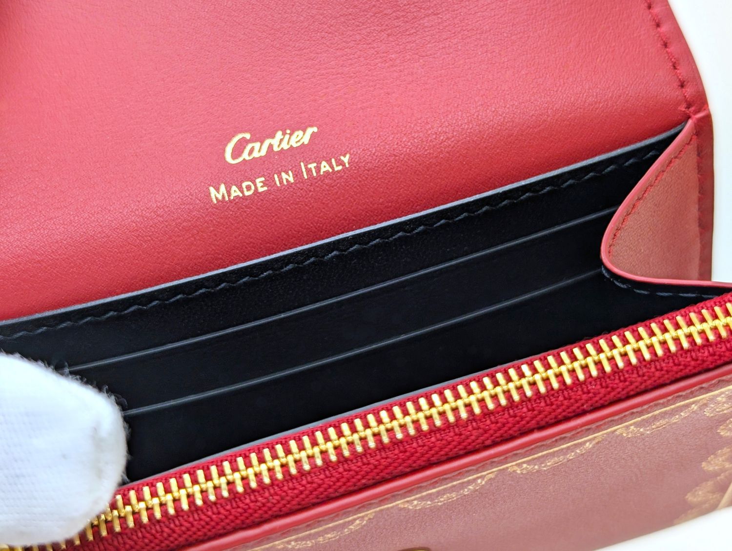 Cartier Wallet Small Garland Series in Red and Gold with Cartier Certificate, Booklet + Box