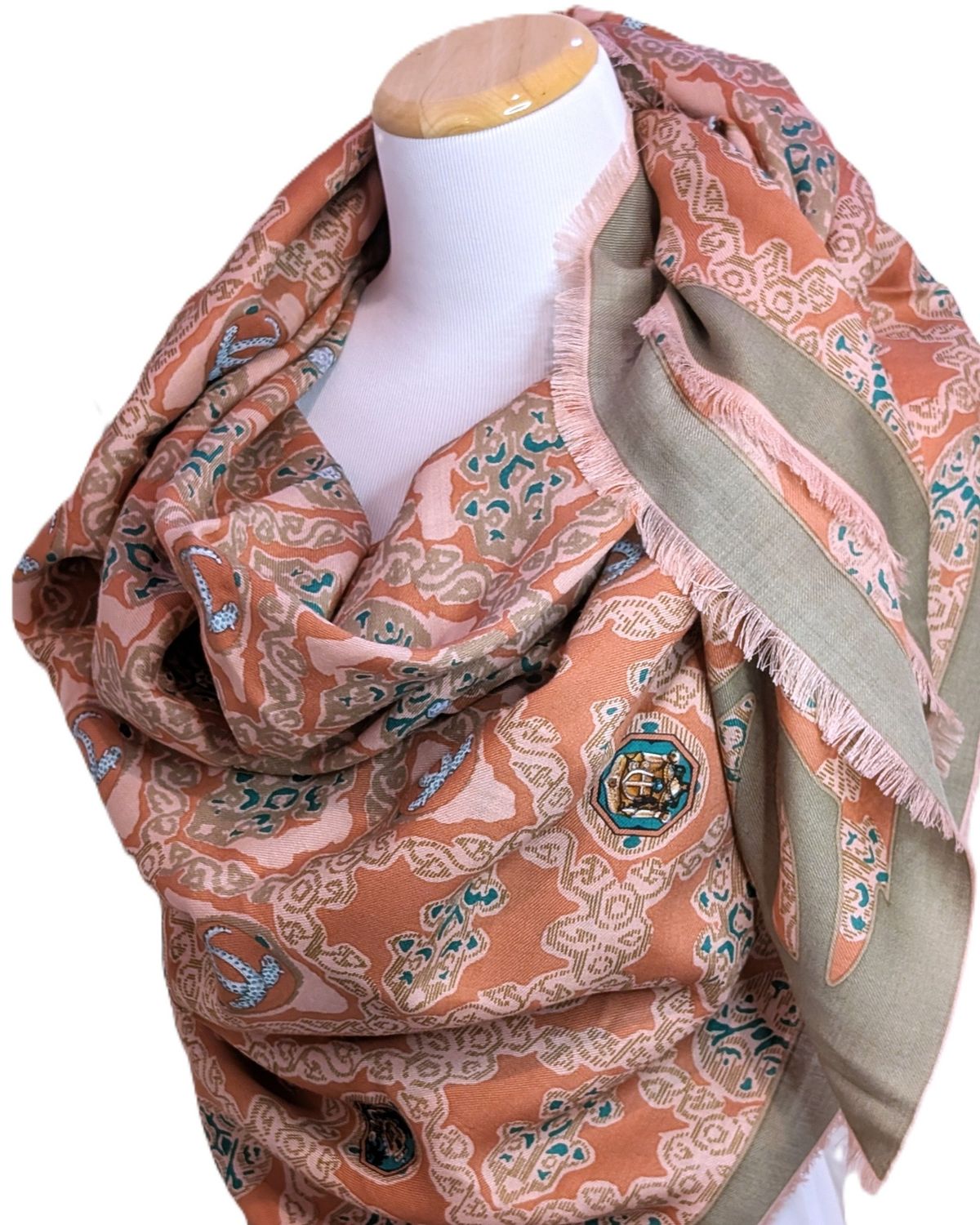 Vintage Cartier stole in colors soft coral and sage green, and delicately woven of wool &amp; silk.  Made in Italy.