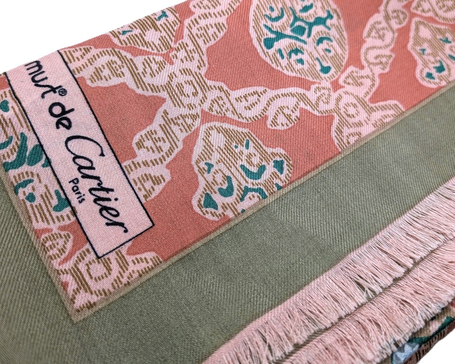 Vintage Cartier stole in colors soft coral and sage green, and delicately woven of wool &amp; silk.  Made in Italy.