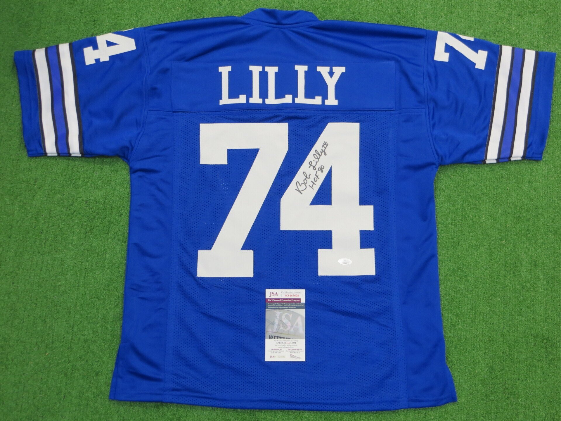 BOB LILLY DALLAS COWBOYS SIGNED SEWN PRO STYLE FOOTBALL BLUE JERSEY - SIZE Adult L