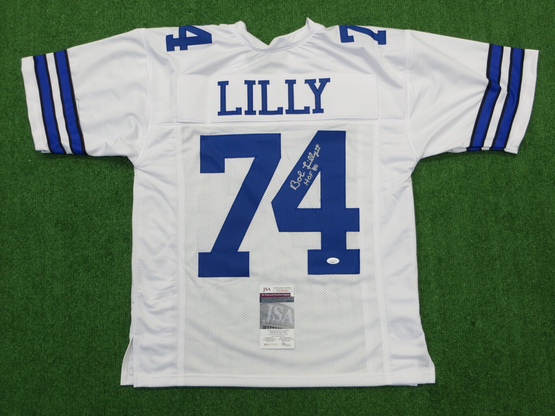 BOB LILLY DALLAS COWBOYS SIGNED SEWN PRO STYLE FOOTBALL WHITE JERSEY - SIZE Adult M