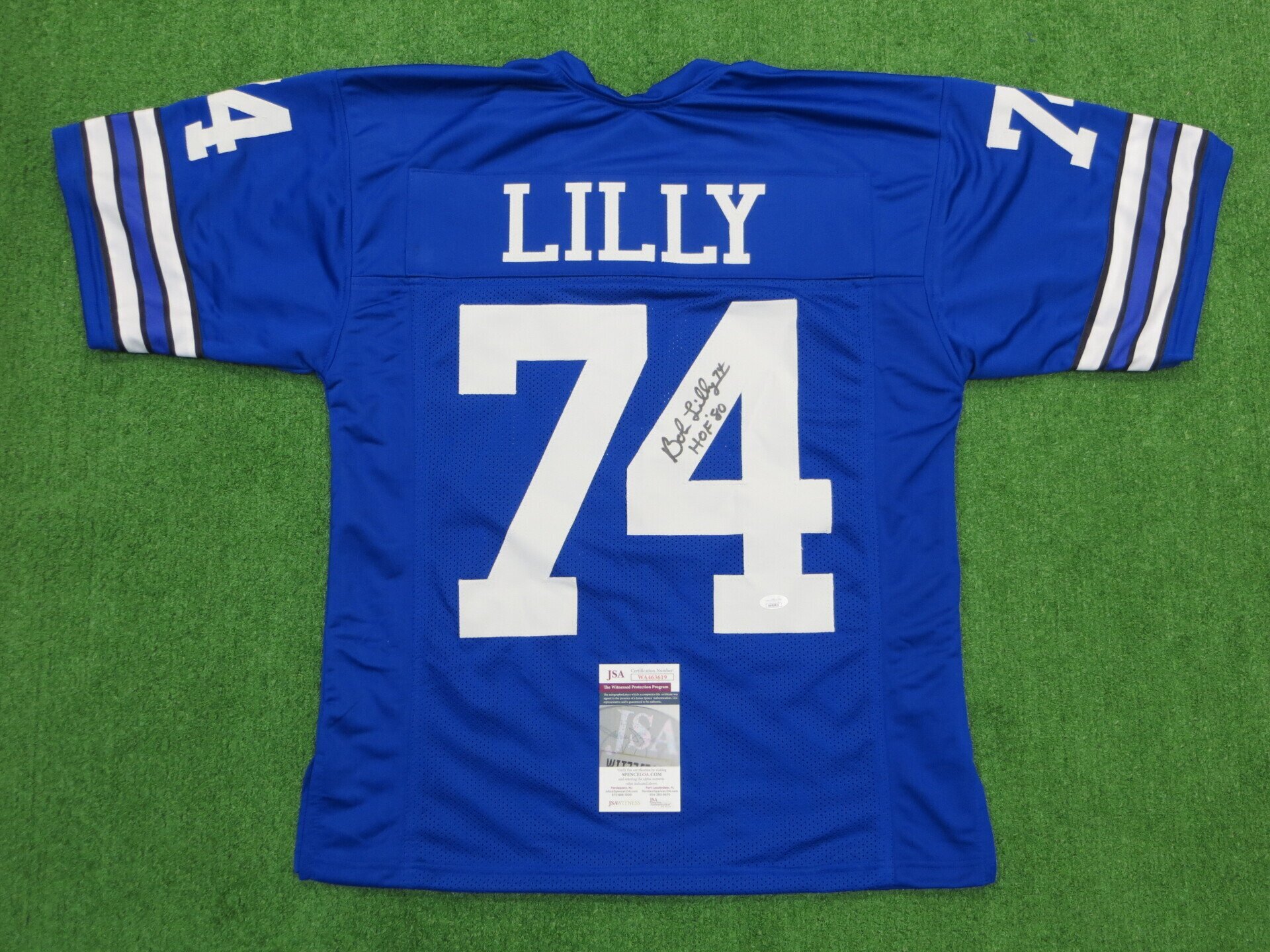 BOB LILLY DALLAS COWBOYS SIGNED SEWN PRO STYLE FOOTBALL BLUE JERSEY - SIZE Adult M