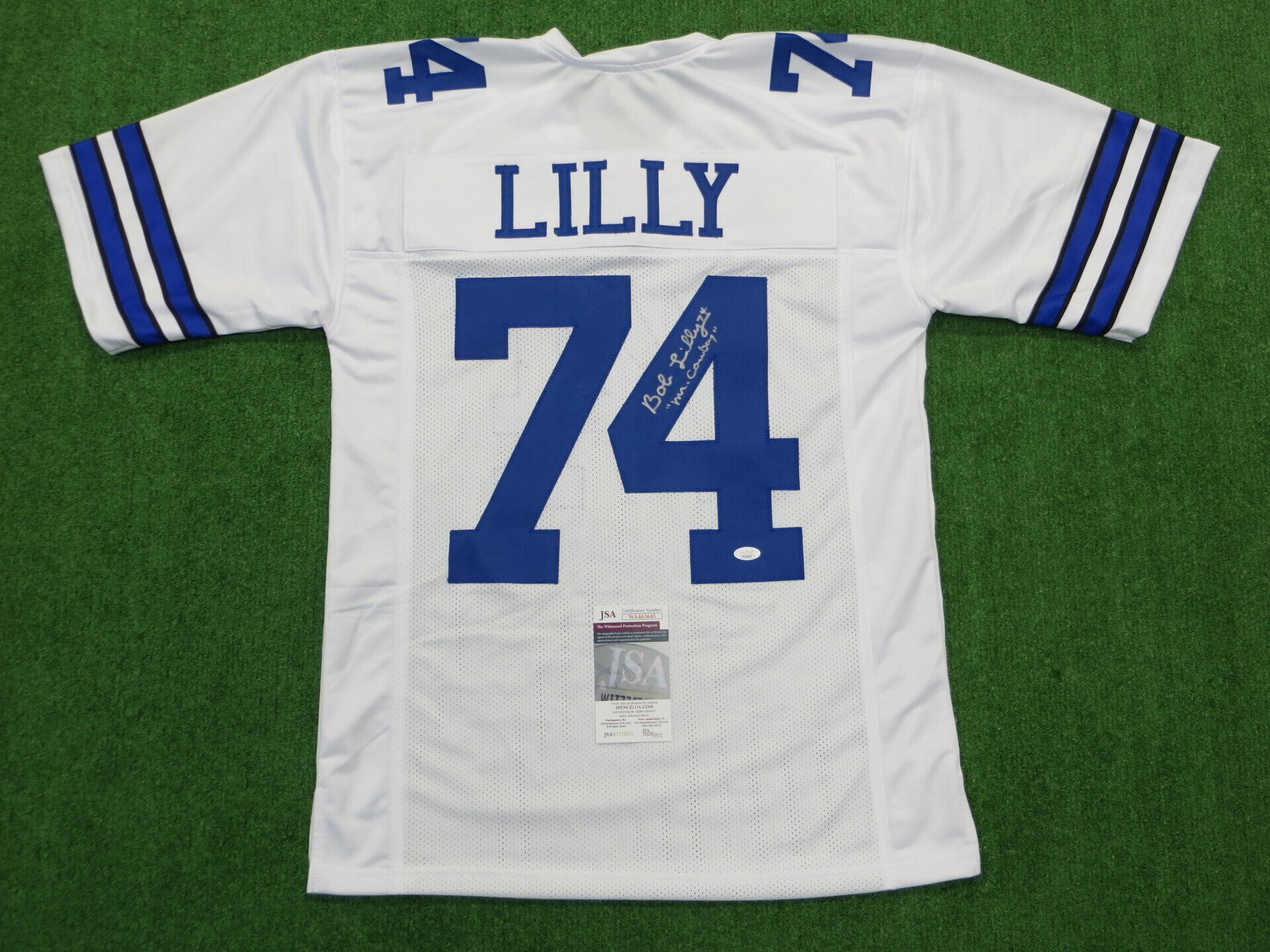 BOB LILLY DALLAS COWBOYS SIGNED SEWN PRO STYLE FOOTBALL WHITE JERSEY - SIZE Adult L