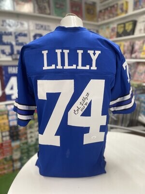 BOB LILLY DALLAS COWBOYS SIGNED SEWN PRO STYLE FOOTBALL BLUE JERSEY - SIZE Adult M