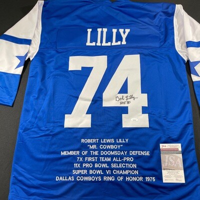 Bob Lilly Blue Dallas Cowboys Autographed w/ Stats JSA Authenticated Jersey