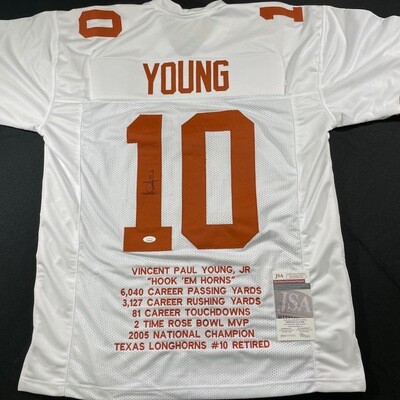 Vince Young White Texas Longhorns #10 Jersey Signed w/Stats & JSA COA