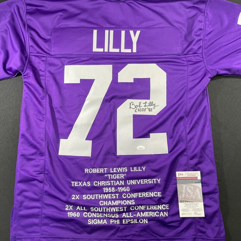 Bob Lilly Purple University of TCU Stat Autographed Jersey w/CHOF81 JSA Authenticated