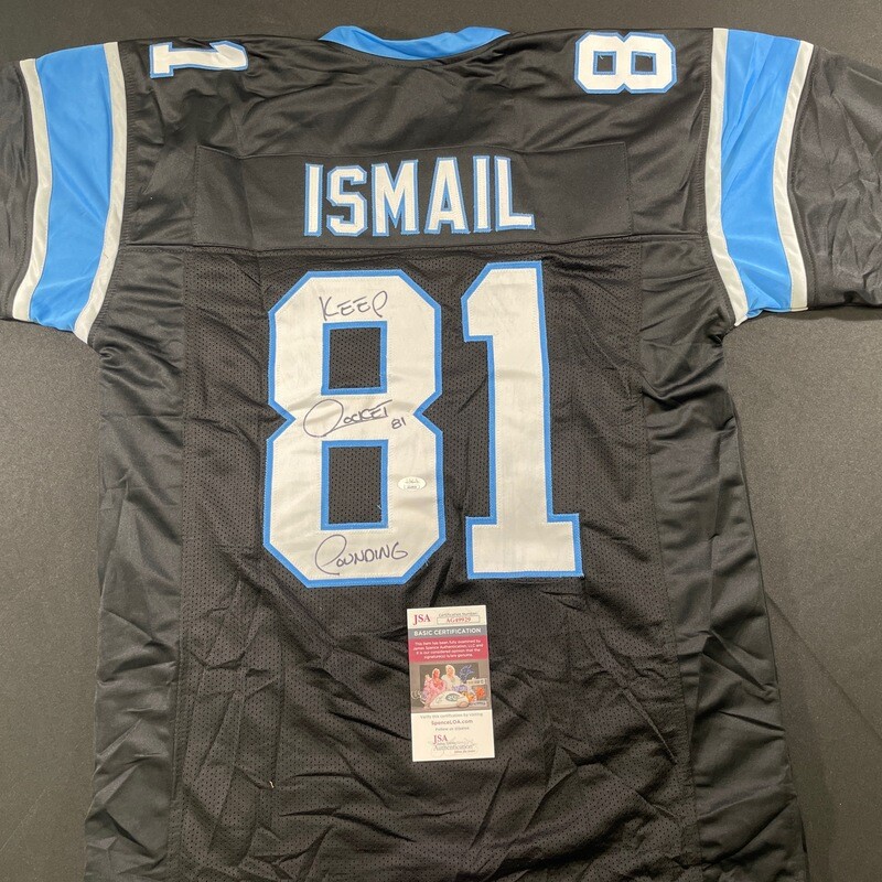 Rocket Ismail BlackCarolina Panthers Autographed Jersey w/Keep Pounding JSA Authenticated