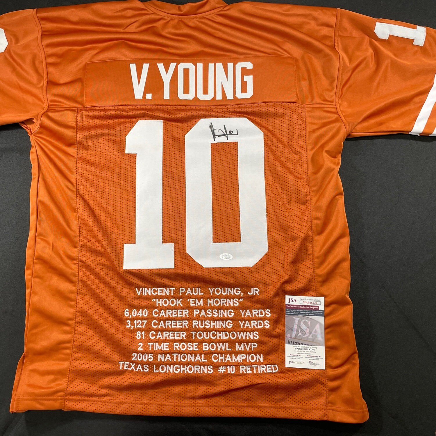 Vince Young Orange Texas Longhorns Full Stats Autographed Jersey JSA Authenticated