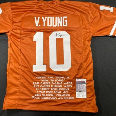 Vince Young Orange Texas Longhorns Full Stats Autographed Jersey JSA Authenticated