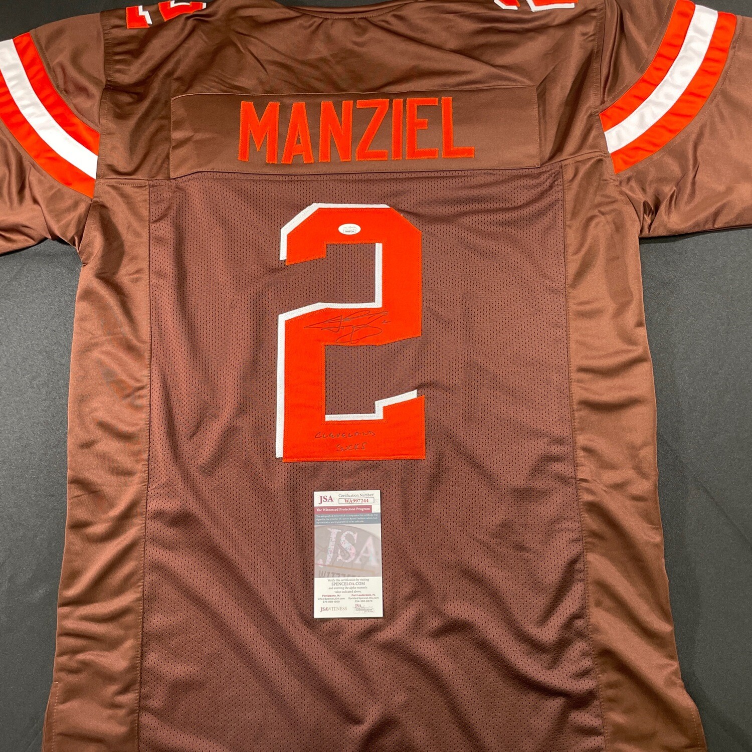 Johnny Manziel Brown Cleveland Brown Autographed Jersey w/Cleveland Sucks JSA Authenticated