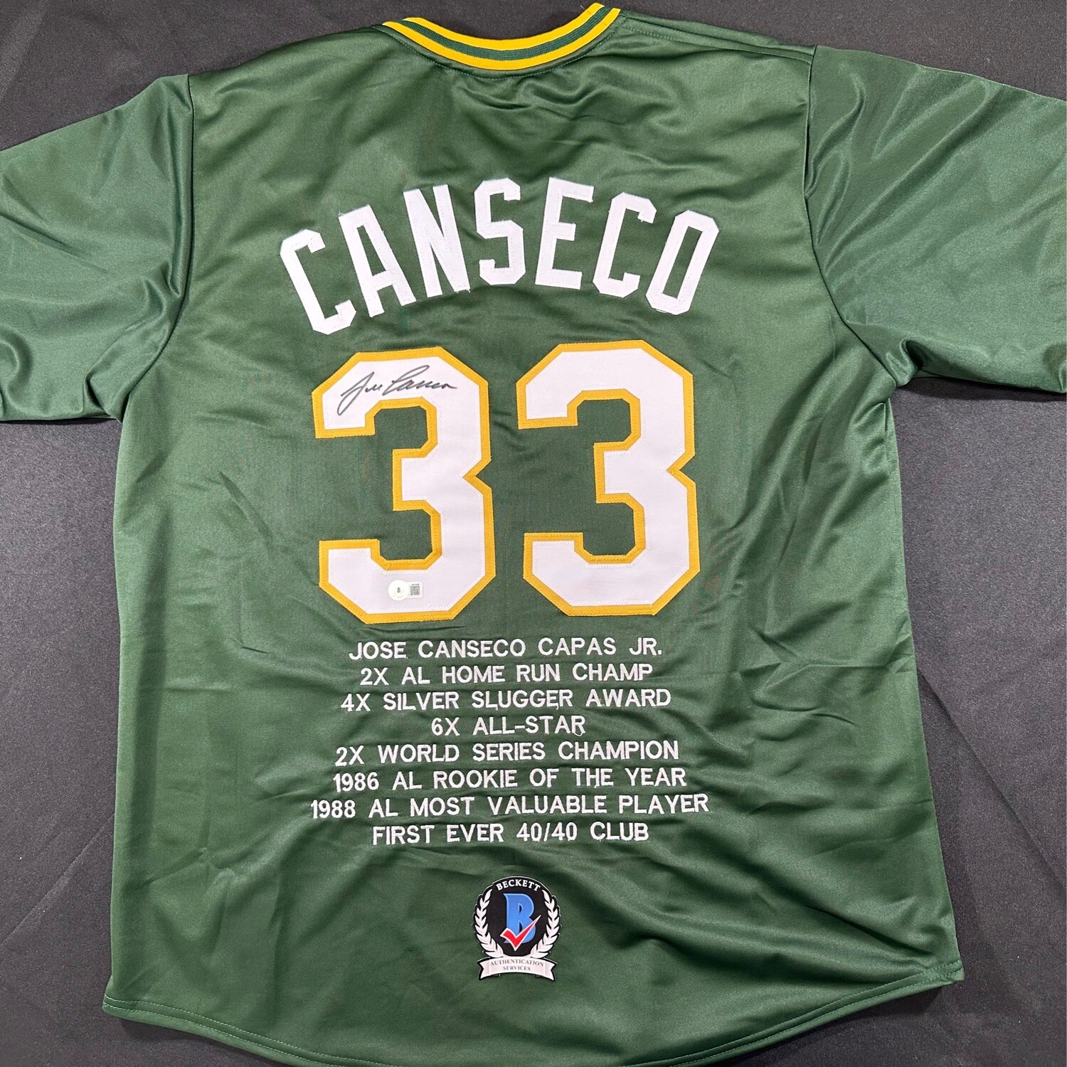 Jose Canseco Green Oakland A’s Stats Autographed Jersey JSA and Beckett Certified