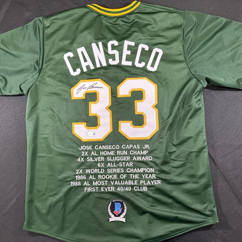 Jose Canseco Green Oakland A’s Stats Autographed Jersey JSA and Beckett Certified
