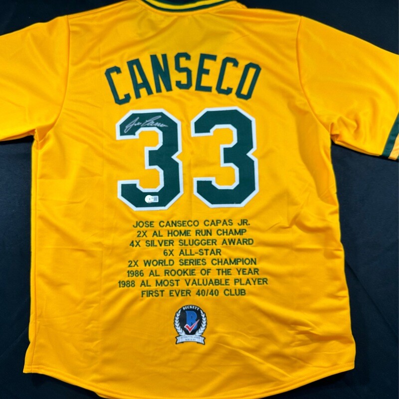 Jose Canseco Yellow Oakland A’s  Stats Autographed Jersey JSA and Beckett Certified