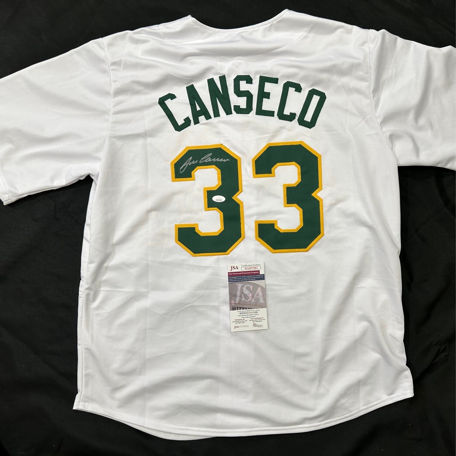 Jose Canseco White Oakland A’s No Stats Autograph Jersey JSA Cert and Beckett Cert, name: WA997081