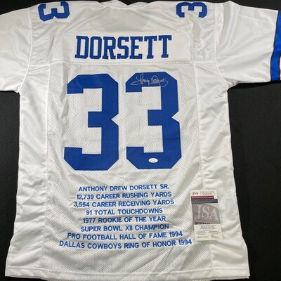 Tony Dorsett White Dallas Cowboys Stats Autographed Jersey JSA Authenticated