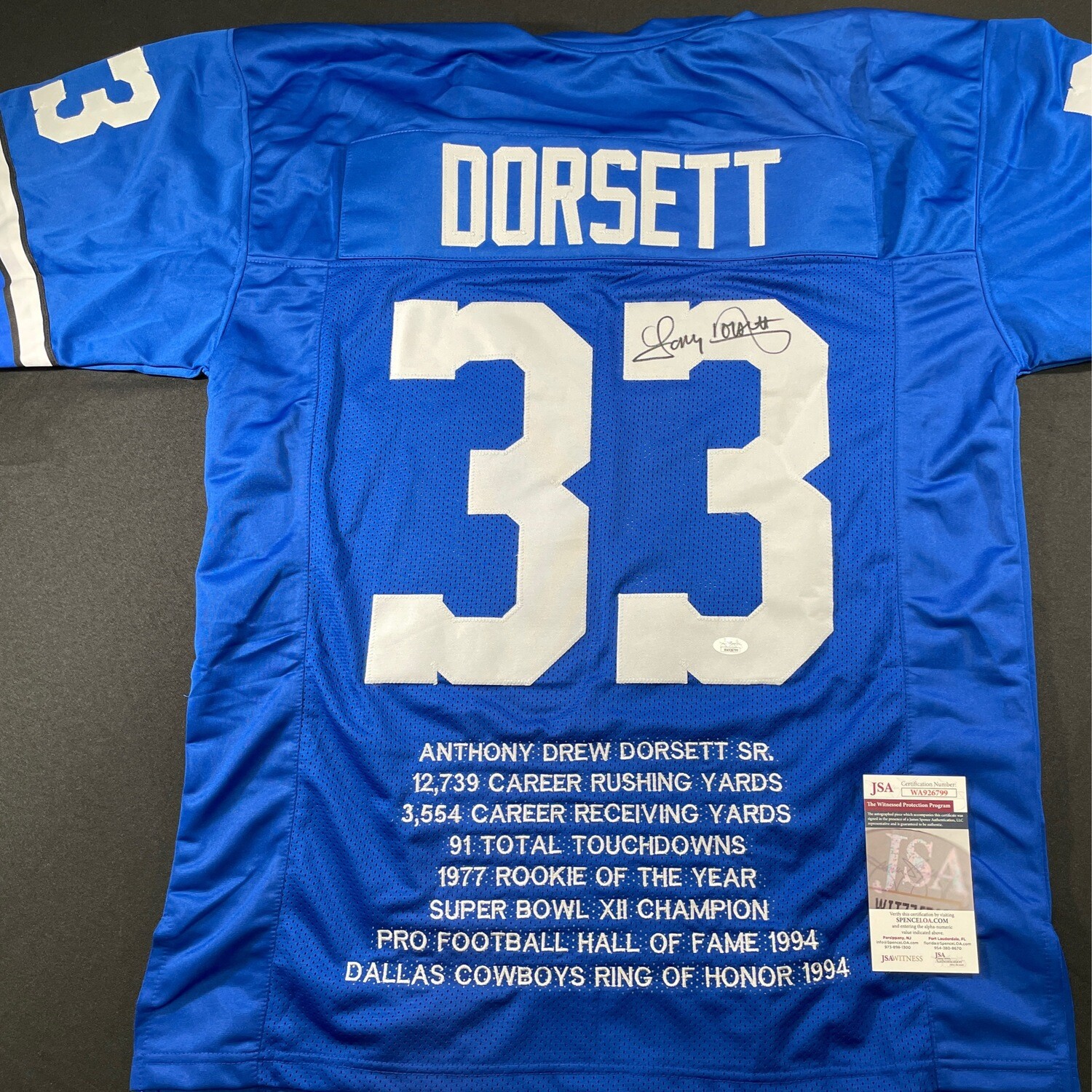 Tony Dorsett Blue Cowboys Signed  Stats JSA Certified