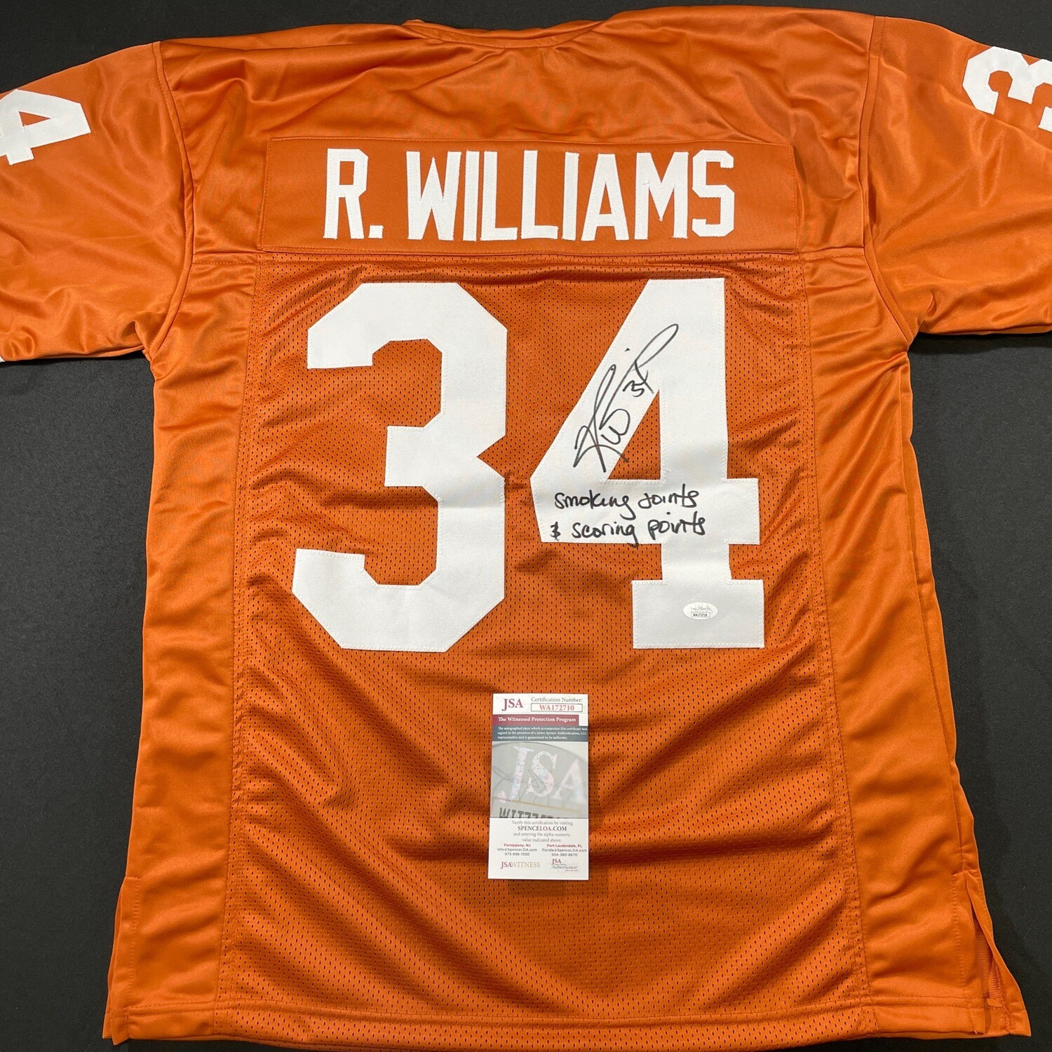Ricky Williams Texas Longhorn Orange Autographed Jersey & Inscription “ Smoke Joints & Scoring Points “    “ w/ JSA COA