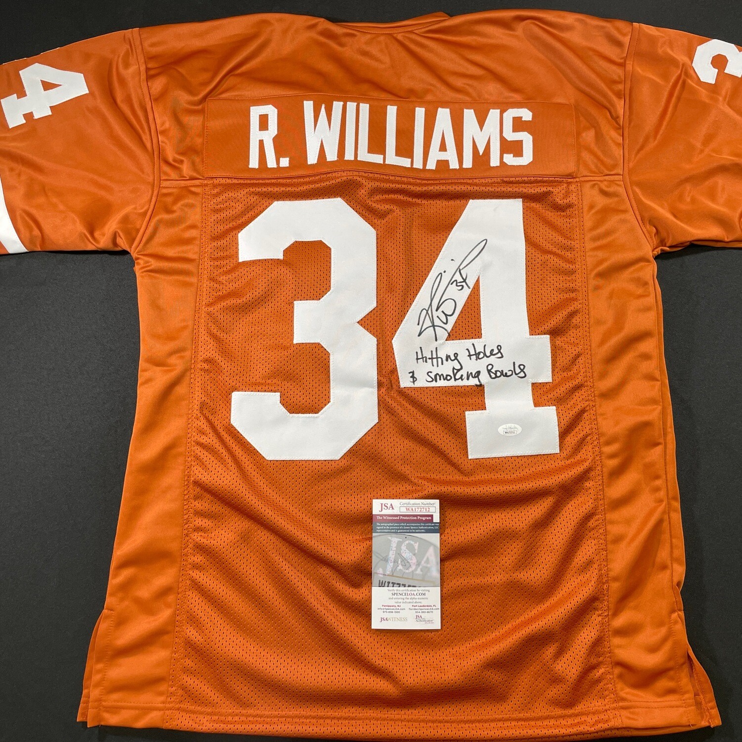 Ricky Williams Texas Longhorn Orange Autographed Jersey & Inscription “ Hitting Holes & Smoking Bowls  “ w/ JSA COA