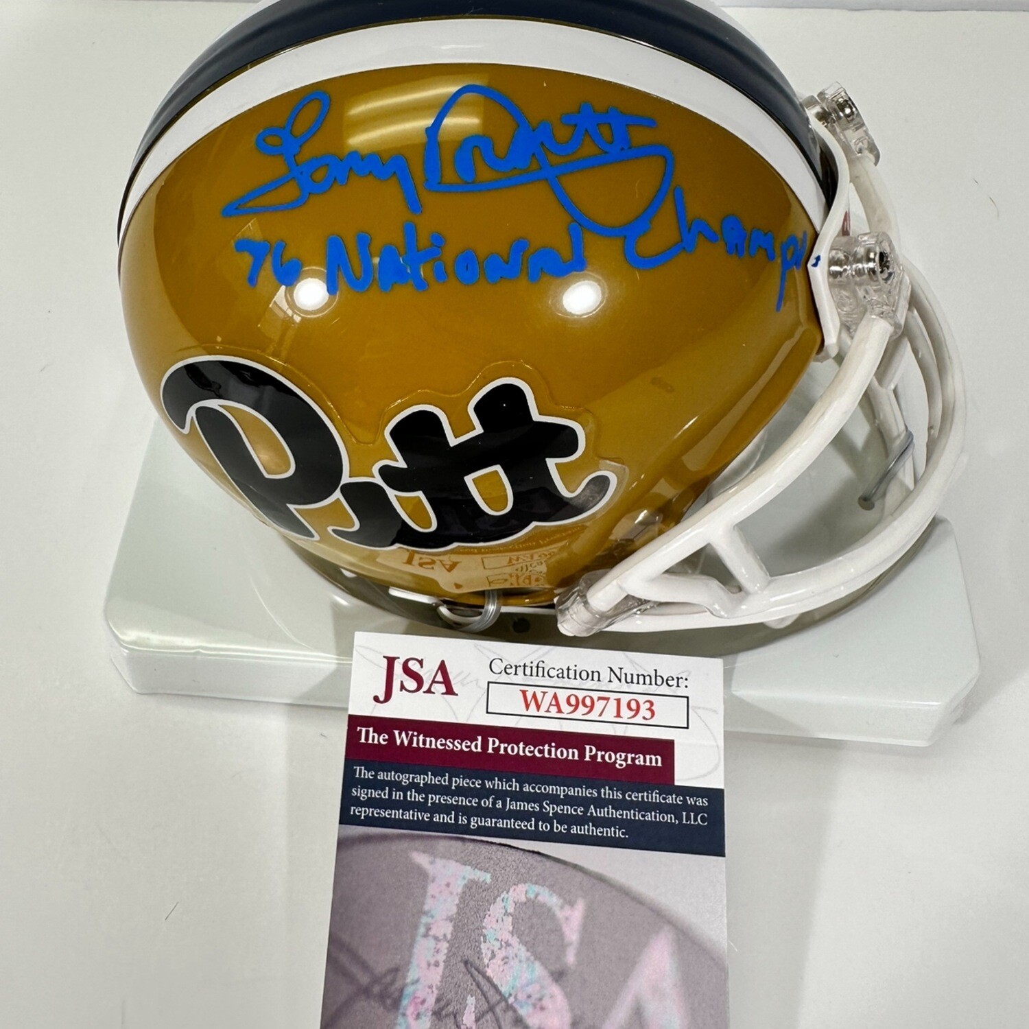 Tony Dorsett Pittsburgh Panthers Throwback Mini Helmet Blue Inscription “ 76 National Champs “ JSA COA